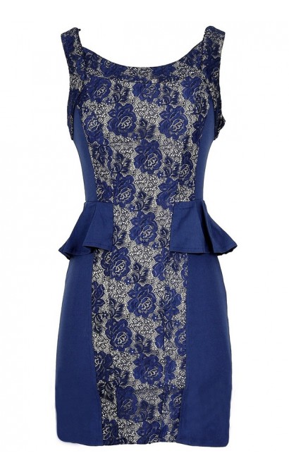 Sapphire Blue Lace Inset Peplum Dress